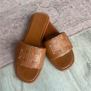 Tory Burch Tan Logo Slide Sandals
